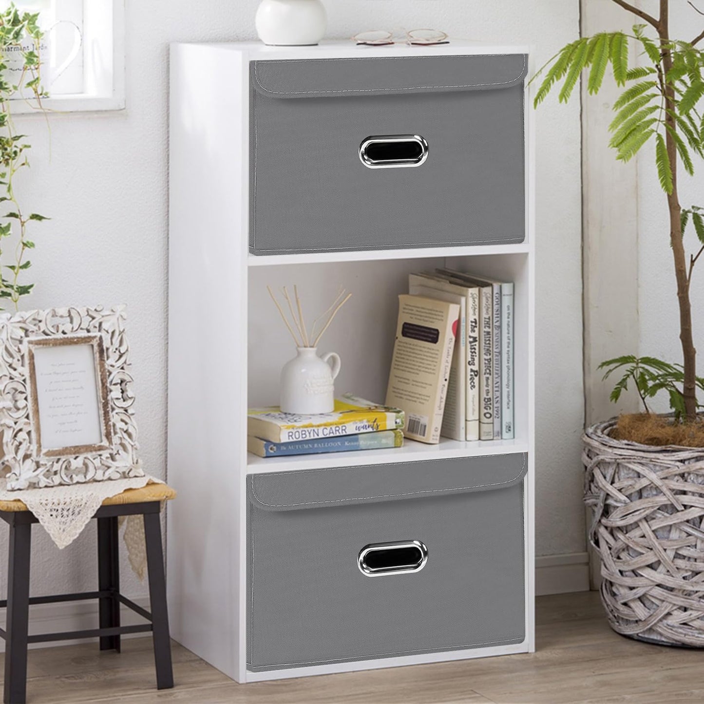 SEVENDOME Cesta organizadora plegable de tela de lino con tapa, asas de piel, divisor extraíble para el hogar, clóset (gris, 3 piezas)