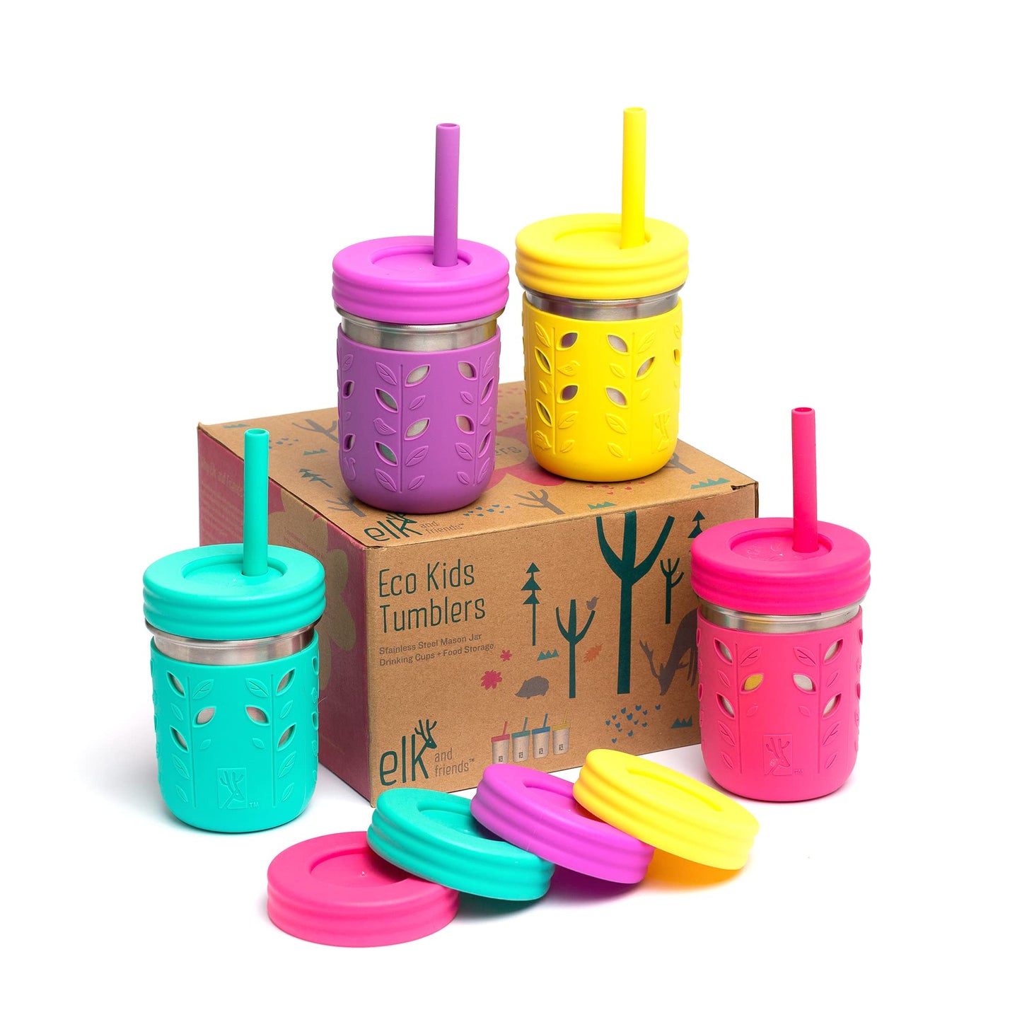 Elk and Friends Vasos de Acero Inoxidable | Frasco Mason de 10 oz | Vasos para niños y bebés con Fundas de Silicona y pajitas con tapón | Vasos para Batidos a Prueba de derrames