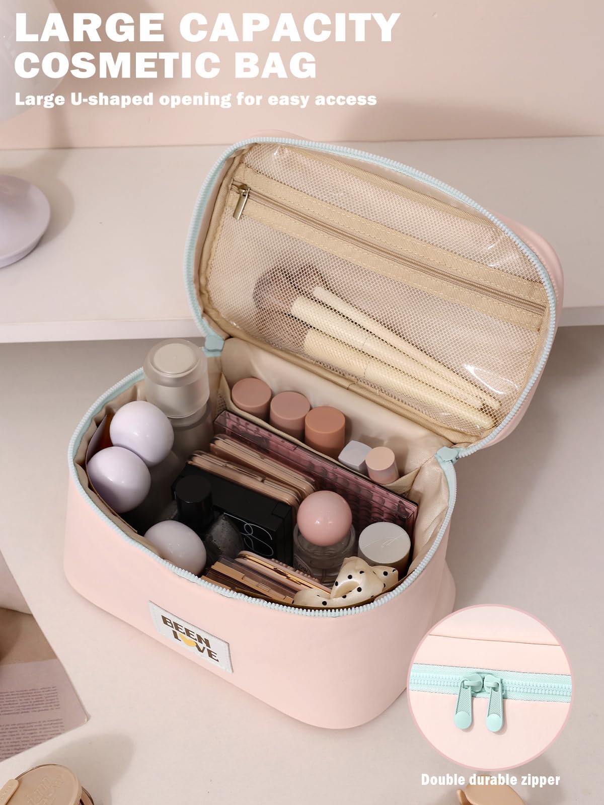 Lalamisi - Bolsa de maquillaje de viaje para mujer, bolsa de maquillaje de gran capacidad, bolsa organizadora, bolsa de aseo portátil, impermeable, con asa y divisor, Rosado, Bolsa de cosméticos de