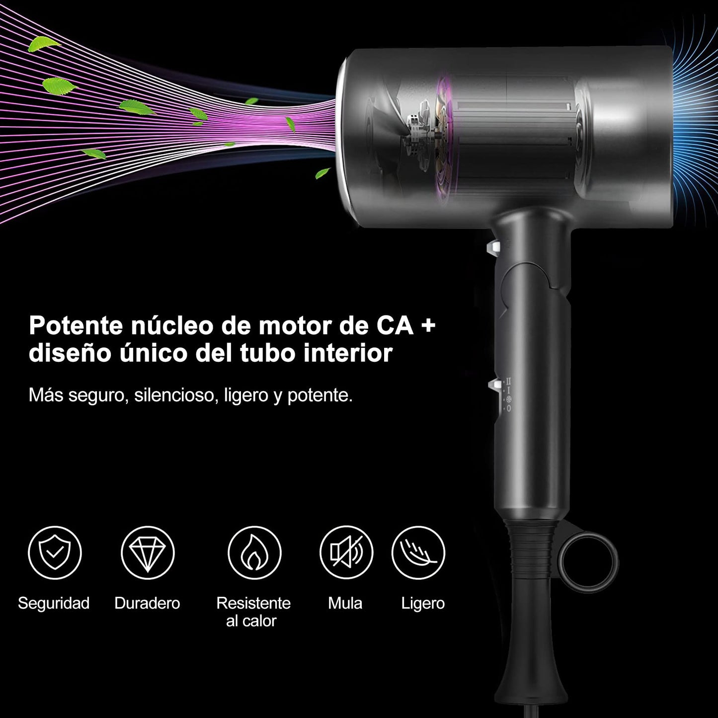 Charlemain Secadora de Cabello de Iónico Negativo, 1800W Secadora de Pelo Profesional con 3 Temperatura Ajustable, Secador de Soplado Plegable con 1 Boquilla de Cabeza Soplado y 1 Difusor （Negro）