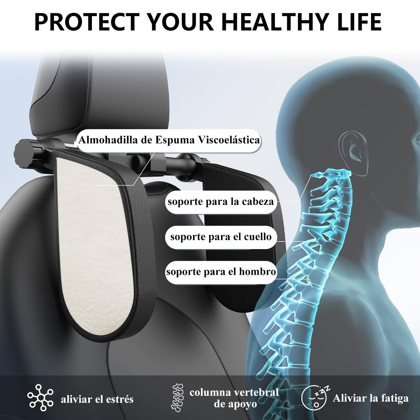 YRHSAV Reposa Cabezas para Auto, Soporte Cuello Reposa Cabeza, Reposacabezas en Forma de u Ajustable a 180°, con Ganchos y Almohada ViscoeláStica, Perfecta para Viajar Durmiendo Niños y Adultos.