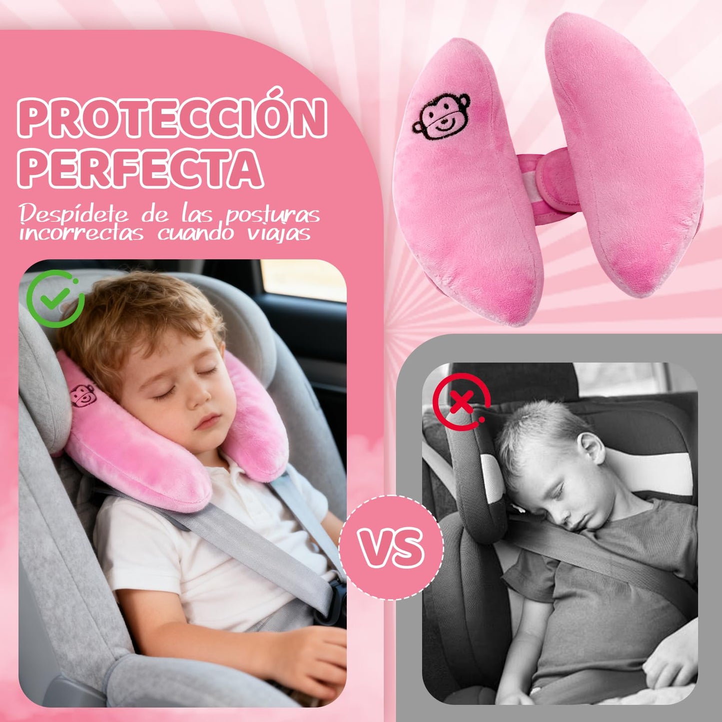 REKOBON Reposacabezas de Viaje Ajustable para Bebés, Paquete de 2, Rosa
