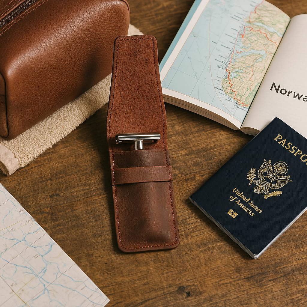 CestAntiQ, Funda de cuero para maquinilla de afeitar de seguridad, accesorios de afeitado, esenciales para el cuidado personal, hecha a mano: marrón