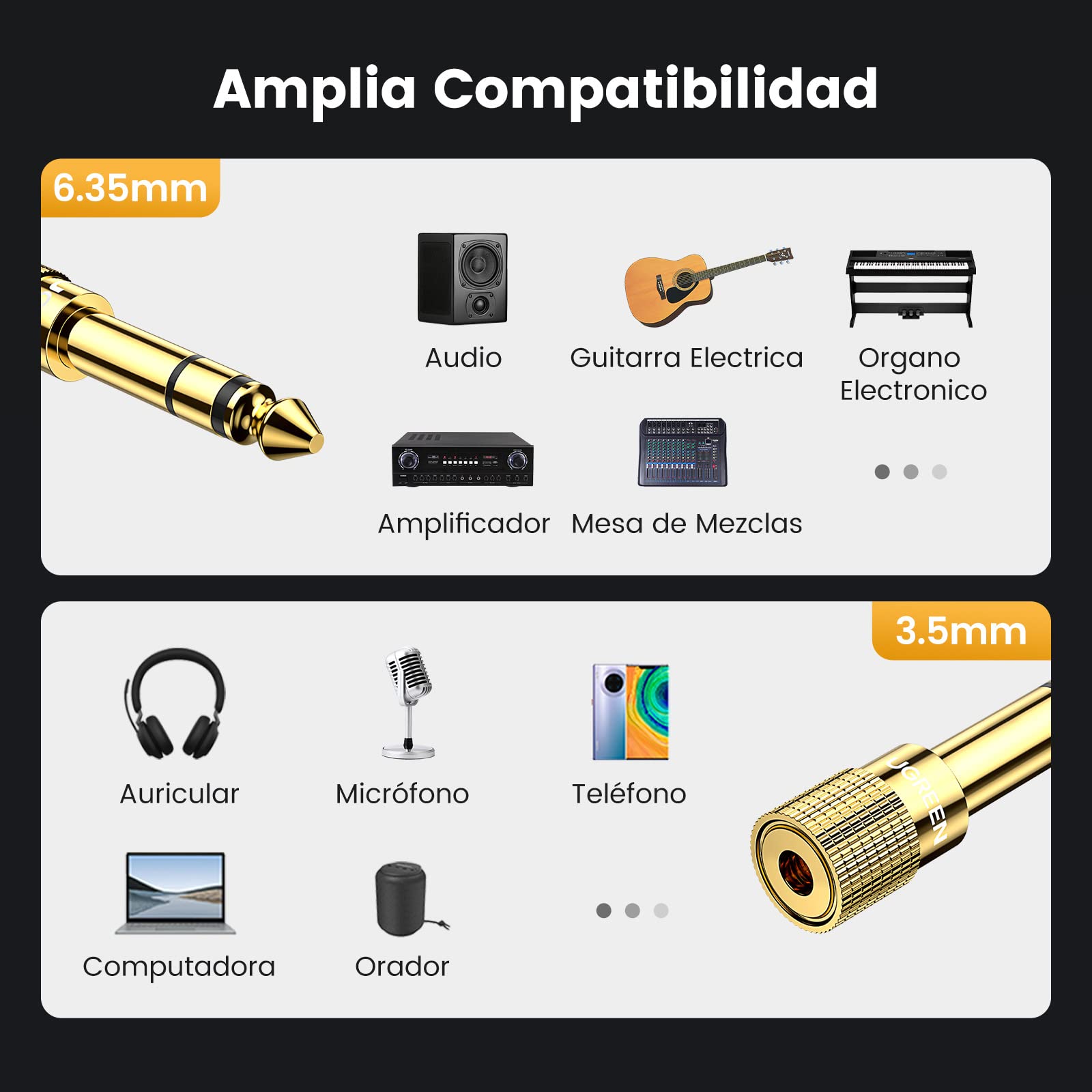 UGREEN Adaptador Convertidor de Audio Estéreo de Jack 3,5mm Hembra a 6,35mm Macho, Compatible con Guitarra, Altavoces, Mezclador, 5 Pack