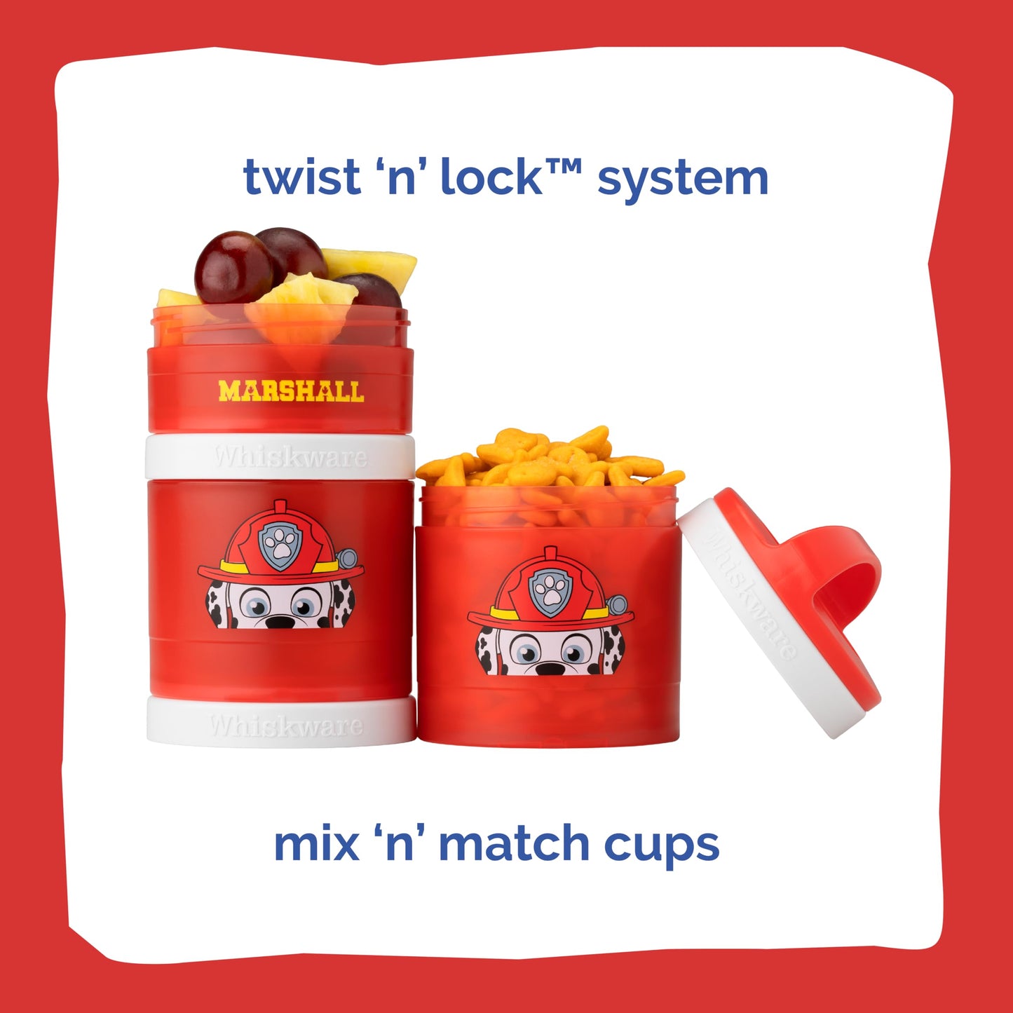 Whiskware Paw Patrol - Recipientes apilables para bebés, niños y niños, 3 tazas apilables para aperitivos para la escuela y los viajes, apto para fórmulas, apto para portavasos