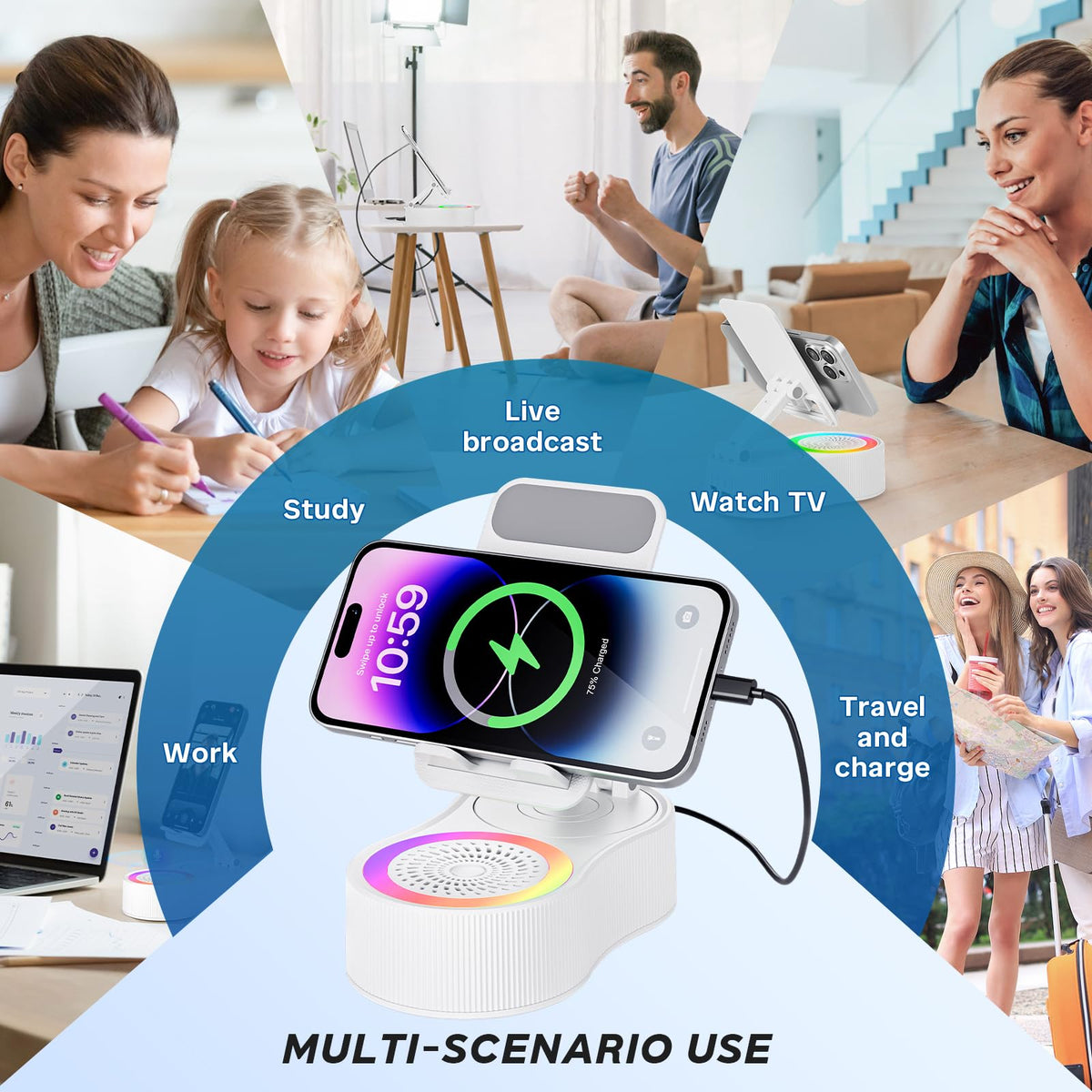 Soporte para Teléfono Celular con Altavoz Bluetooth Inalámbrico Giratorio 360° para Escritorio