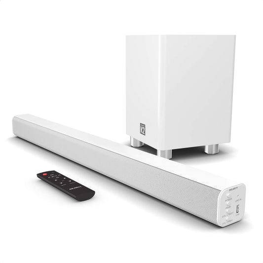 Majority K2 - Barra de sonido con subwoofer | 150 W potente barra de sonido estéreo de 2.1 canales para TV | Sonido envolvente 3D de cine en casa I HDMI ARC, Bluetooth, conexión óptica y RCA I USB y