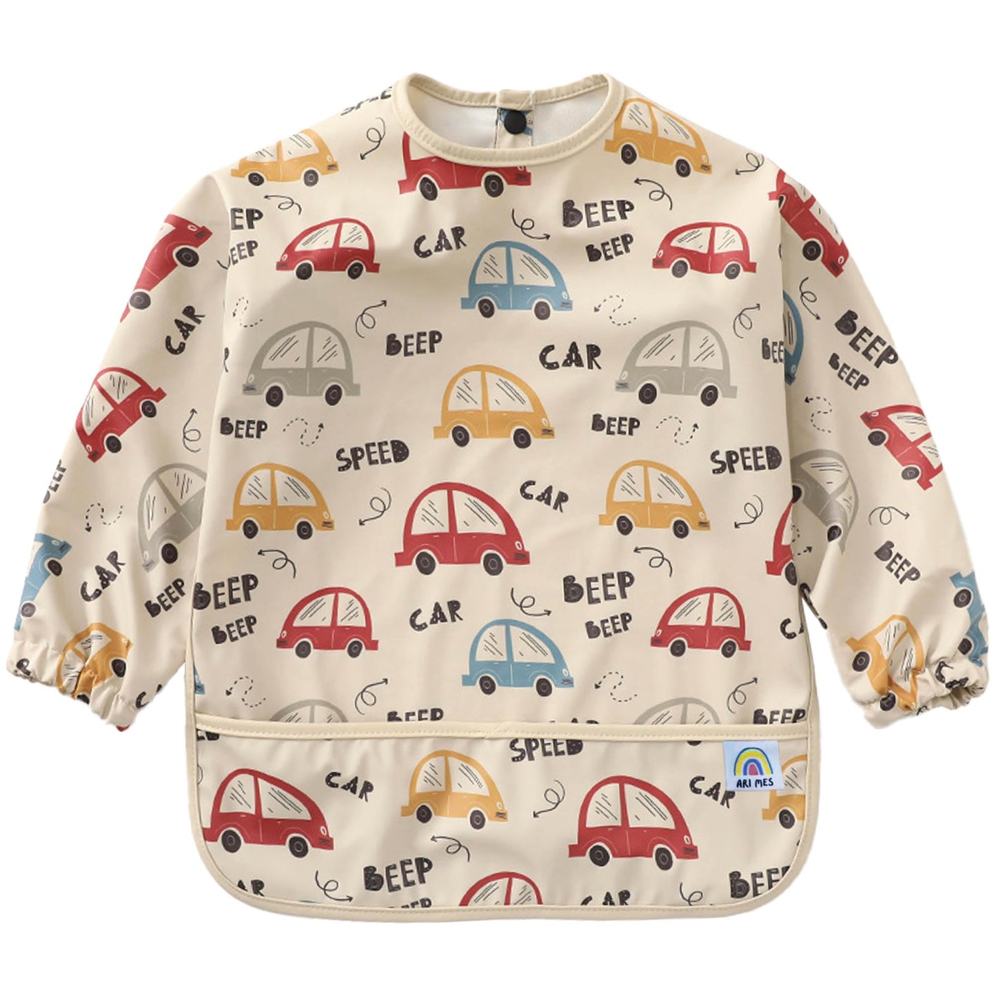 ARI MES - Babero de manga larga impermeable para bebé, traje de babero de manga completa para bebé niño o niña, grande, coches
