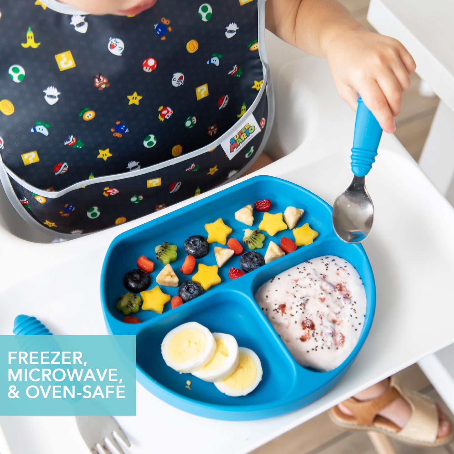 Bumkins - Plato de silicona de agarre para bebés y niños, plato de 3 secciones, apto para horno y microondas, sin BPA, lavable en lavavajillas, color D2 Dark Blue-GD