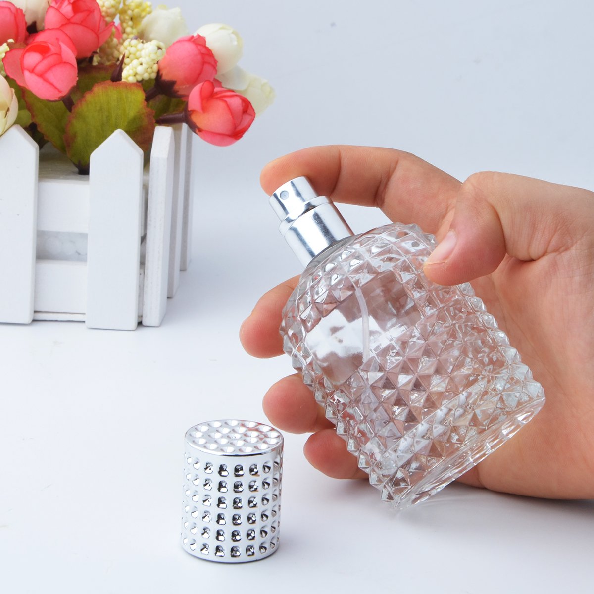 Enslz Perfume Fragancia Colonia Atomizador Vacía Botella de Vidrio Recargable Fina Spray Plata 50ml