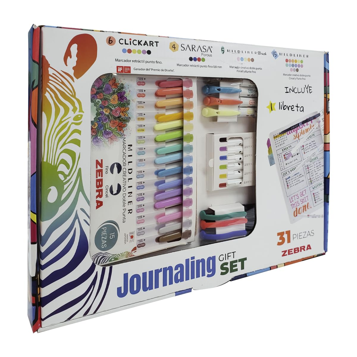 Set de Diario y Plumones Zebra Escritura y Creatividad Incluye Marcadores Retráctiles ClickArt 4 Rotuladores Sarasa 5, Marcadores Mildliner Brush,15 Marcadores Mildliner Punta Fina y Punta Cincel