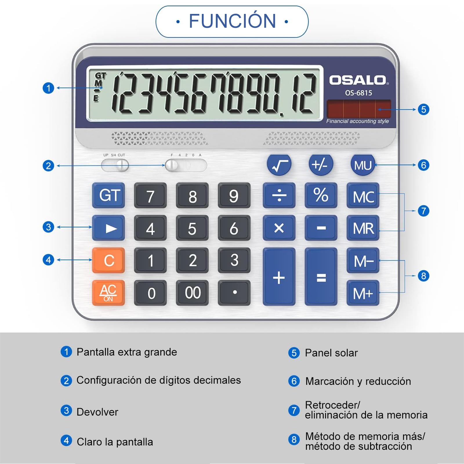 Calculadora de Escritorio Pantalla LCD Extra Grande de 5 Pulgadas Calculadora de Contabilidad de números Grandes de 12 dígitos con botón de Respuesta Gigante, para Office Business Home (OS-6815)