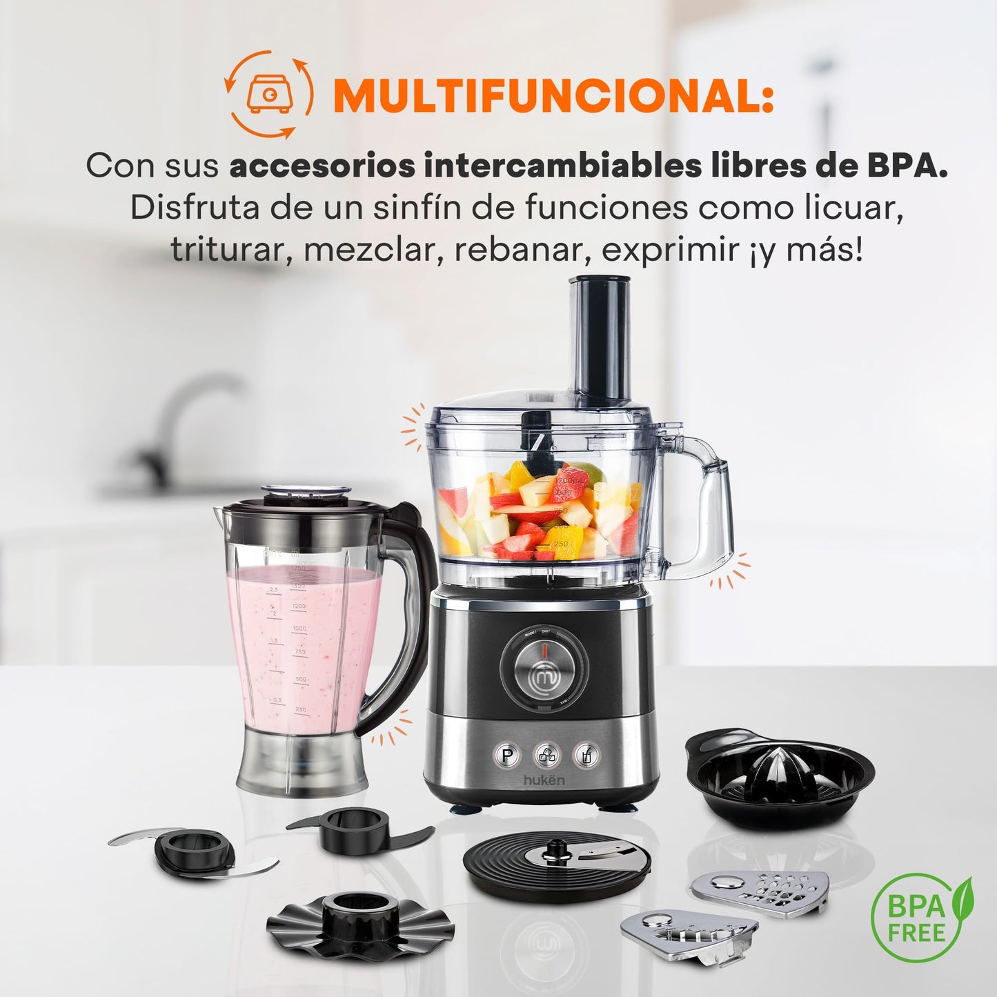 Hukën x MasterChef | Sistema de Cocina Chef Deluxe | 650W de Potencia | Más de 10 Accesorios para Licuar, Triturar, Rebanar y Más | Panel Digital | Acabados de Acero Inoxidable