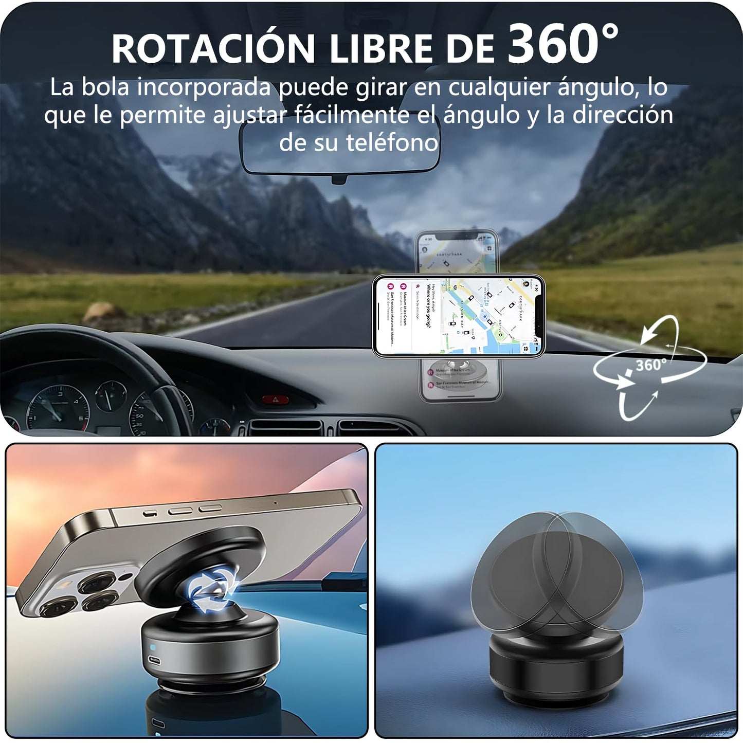 Soporte Celular Automóvil Magnético,Sujetador de Celular para Auto Giratorio de 360°,Con Anillo Magnético y Ventosa,Compatible con Todos los Teléfonos Móviles,Adecuado para Parabrisas/Salpicaderos