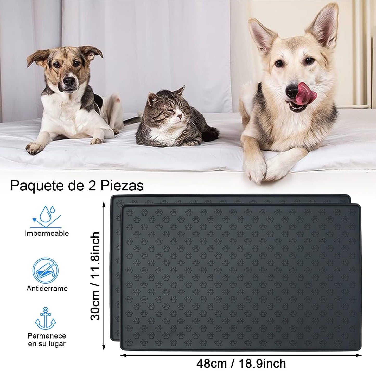 JEMUON Tapete de Silicona para Alimentación de Mascotas, 2 Piezas Tapete para Perro y Gatos Comida Plegable, Tapete para Comida de Perro, Tapete Perro para Evitar Derrames de Comida y Agua (Negro)