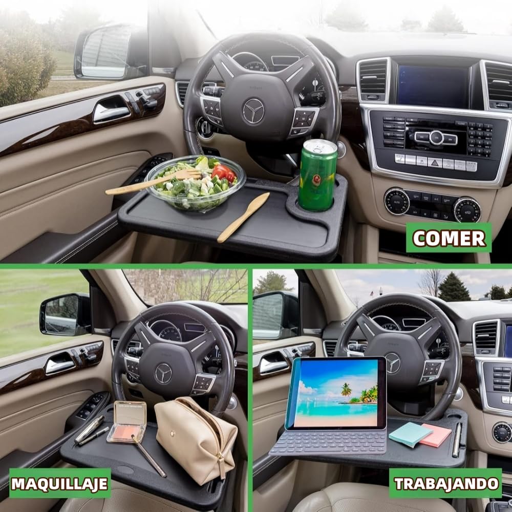 Juzanl Bandeja para Volante de Coche, Multifunciona con Portavasos (Negro)