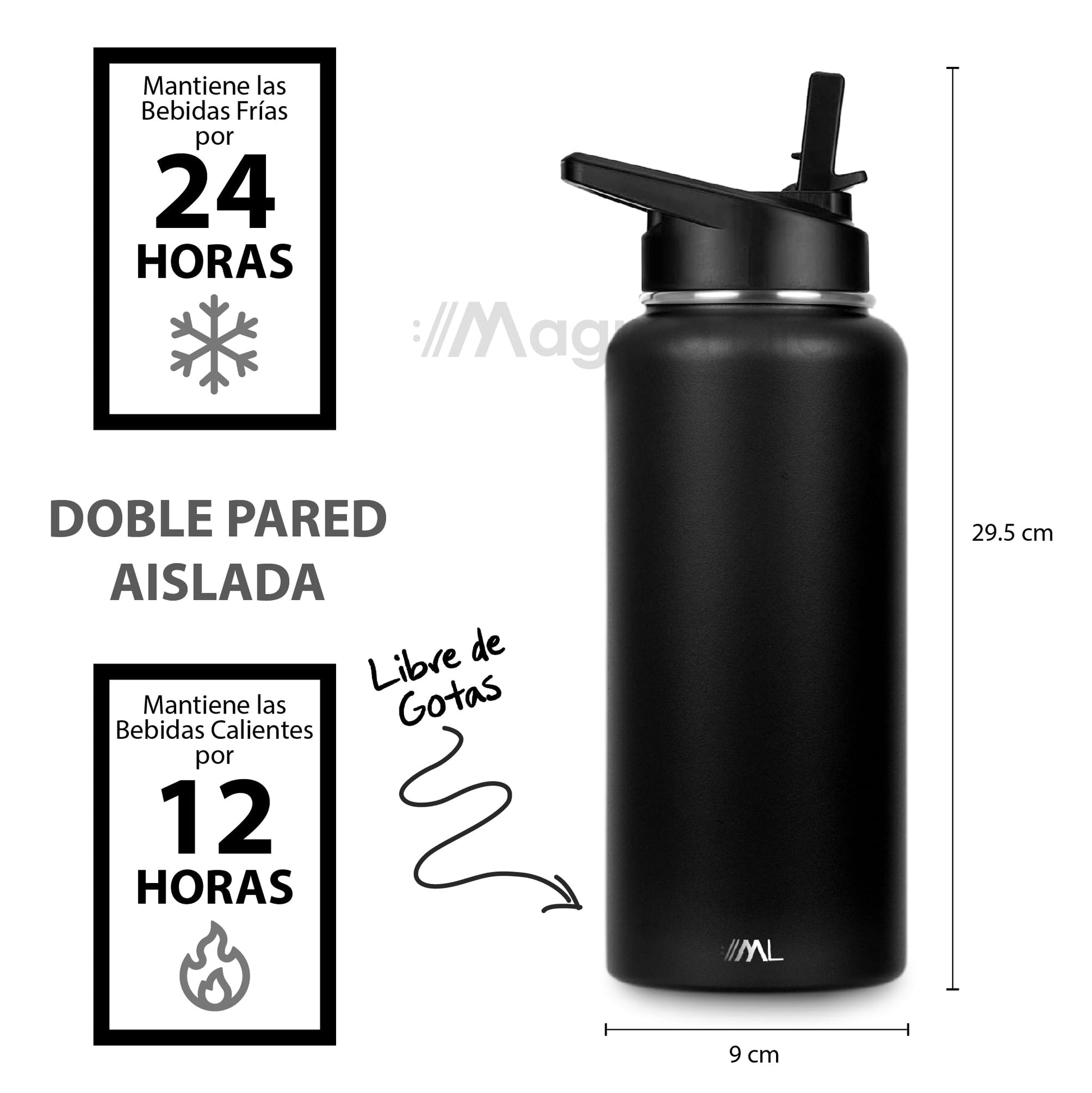 Magma Life Termo para Café y Agua de Acero Inoxidable 32 Oz (950 ml): Contiene 3 Tapas para Diferentes tipos de Bebidas, Ideal para Mantener la Temperatura Deseada (Black)