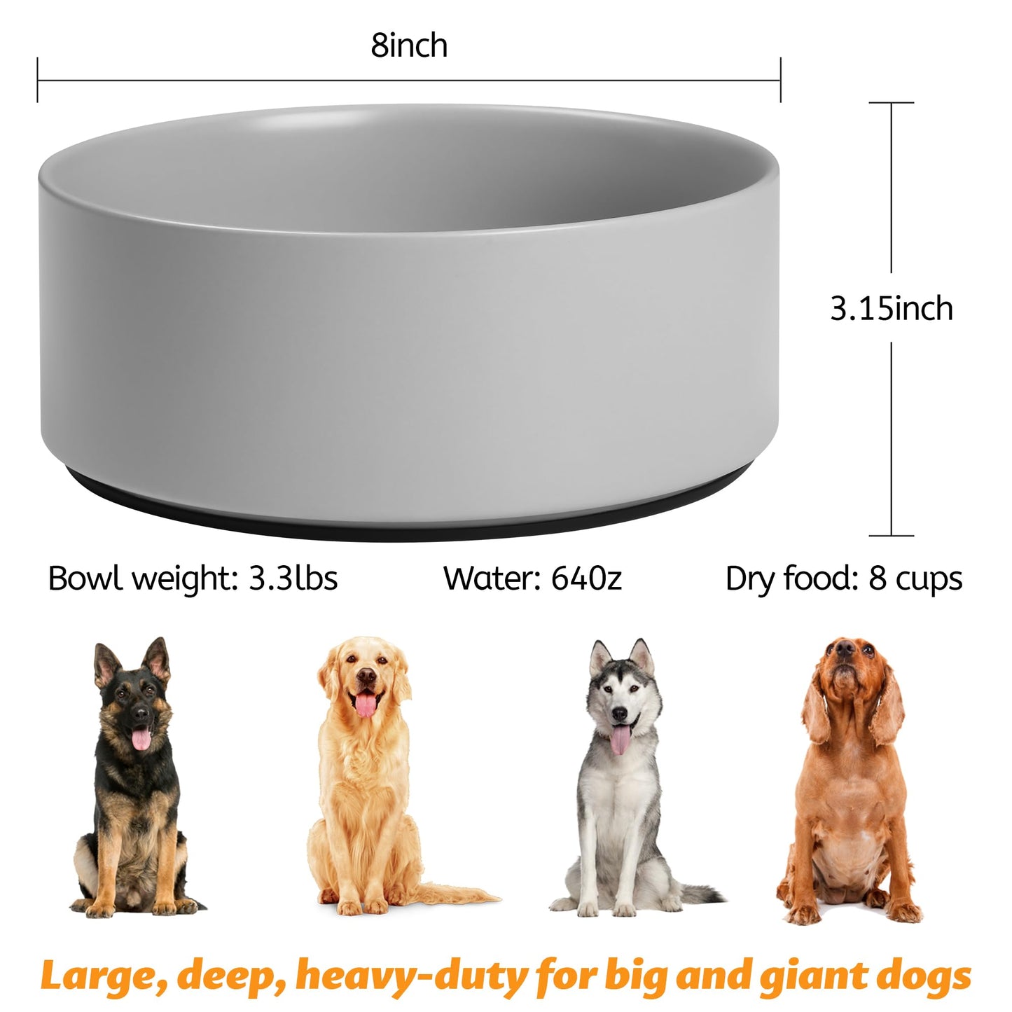 Kitwinney - tazón grande antideslizante para perros, cuencos de cerámica pesados para perros con base de silicona, tazón ponderado sin punta, tazón de agua para perros sin derrames, tazón básico para