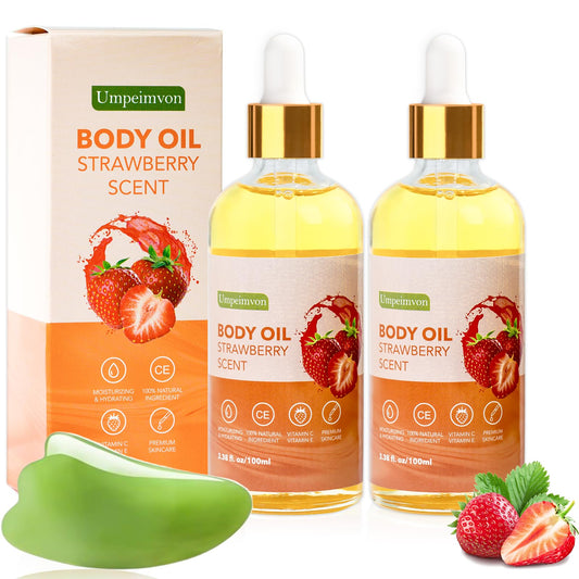 Umpeimvon- Paquete de 2 aceites corporales de fresa de 3,38 fl.oz para después de la ducha, aceites corporales con fragancia Gua Sha con vitamina C y E