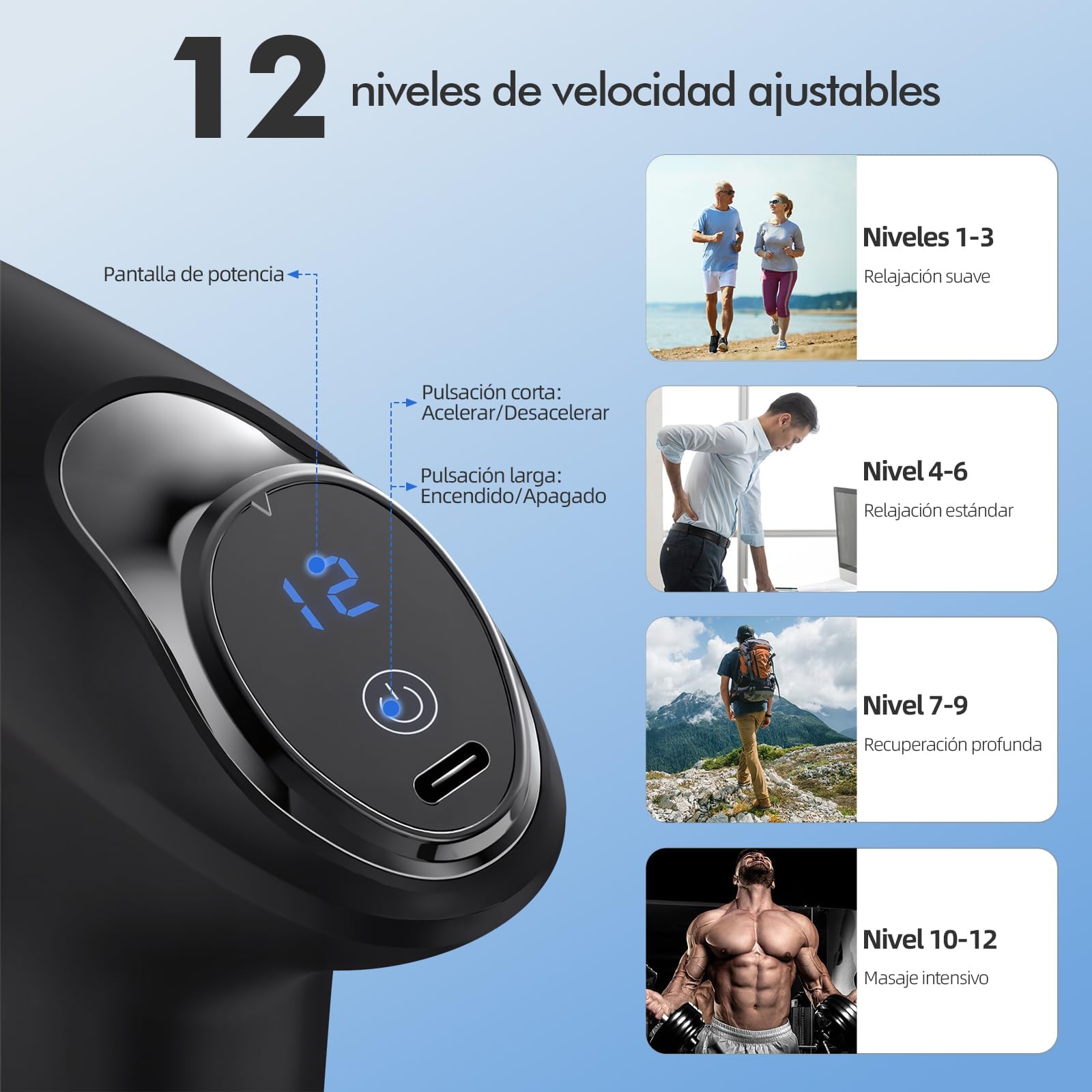 Masajeador de Espalda, Pistola de Masaje Muscular, Maquina para Masajes Musculares,Mini Massage Gun Portátil con 12 Niveles Ajustables,Pantalla Lcd,SúPer Silencioso, Masajeador de Pies, Cuello Hombro