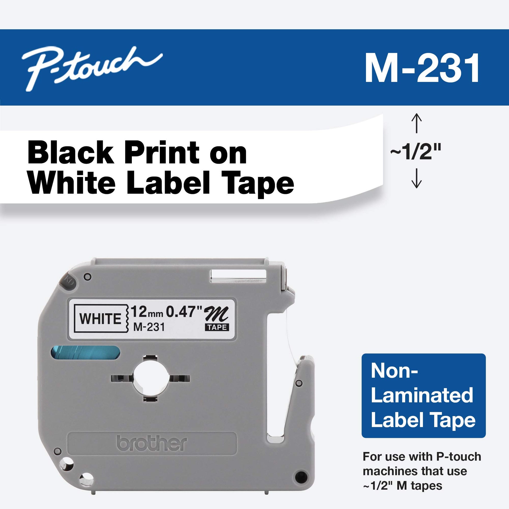 Brother M231 P-Touch cartucho de cinta para rotulado (negro sobre blanco, 112mm x 8 m)