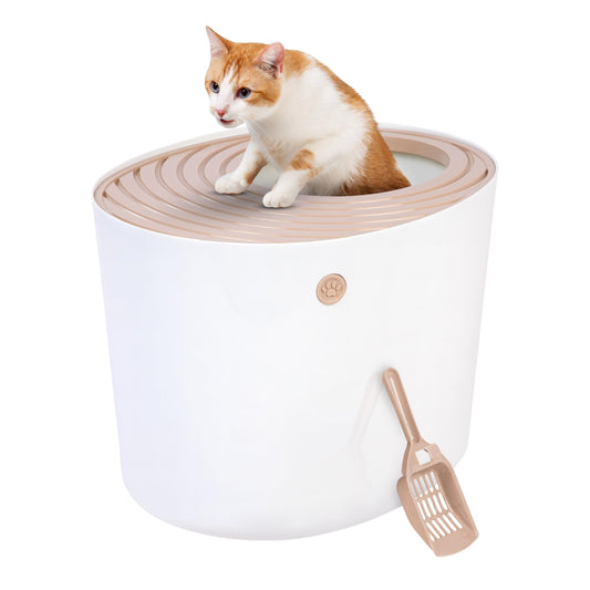 IRIS USA Gran arenero para gatos con entrada superior y pala, elegante caja redonda para gatos, arenero para gatitos, Blanco/Beige