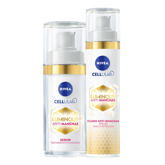 NIVEA Rutina Anti-manchas Rutina Facial Completa Luminous 630 (2 piezas), Enriquecida con Ácido Hialurónico Serum facial 30 ml + Fluido facial FPS50 con Vitamina E 40ml