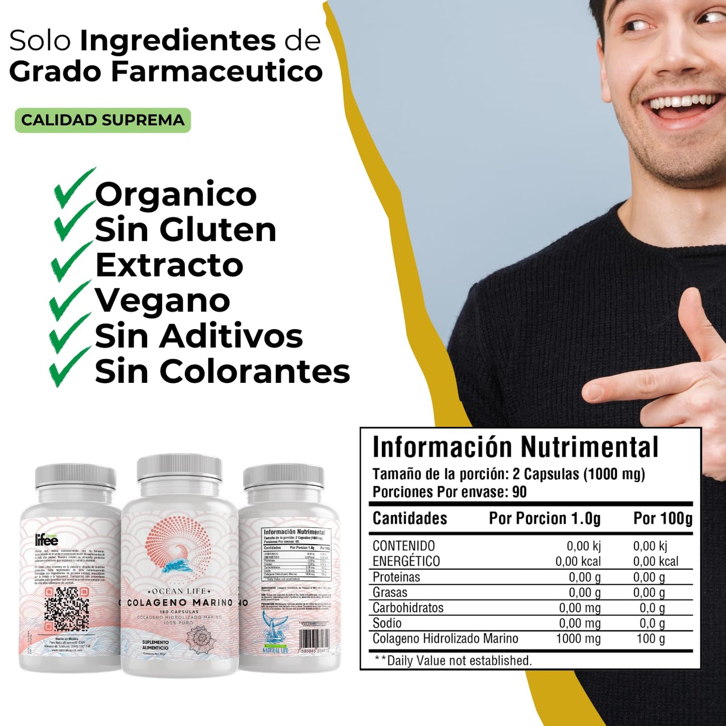Colageno Marino Hidrolizado 100% Puro [Extremadamente Eficaz] 180 Capsulas 500mg (Potente Efecto Hidratante y Revitalizante) - Alta Absorcion - Eficaz Formulacion - OceanLife