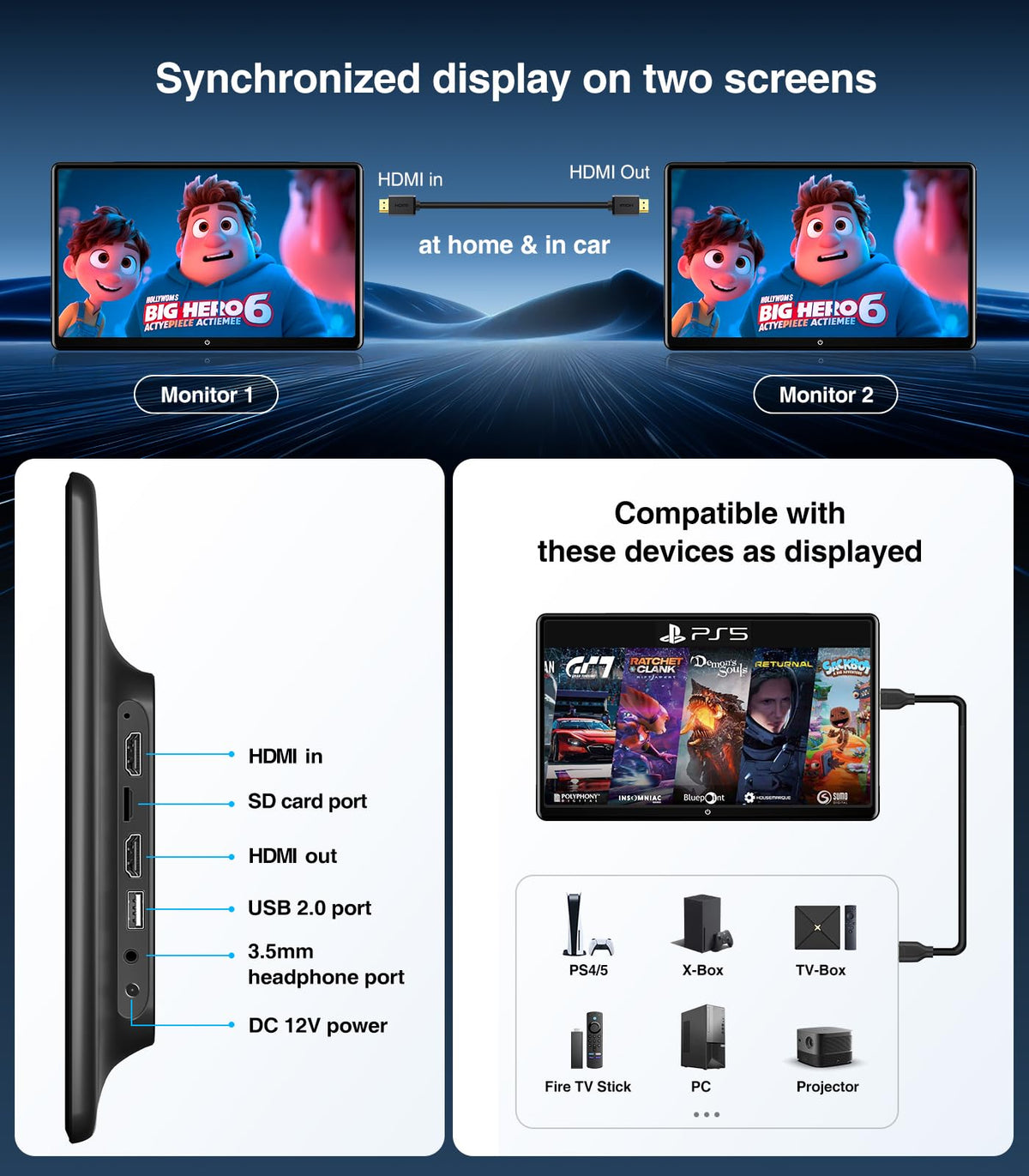 Monitor de Reposacabezas Android 13 Compatible con Teléfono Inalámbrico y Sincronización de Espejo HDMI Bluetooth