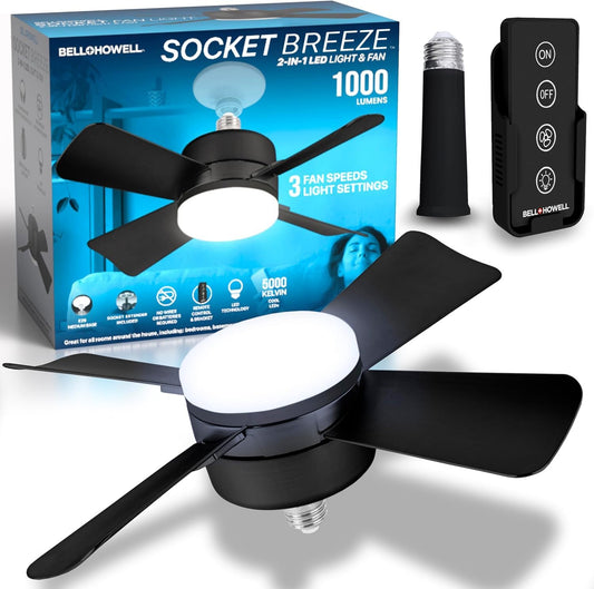 Bell + Howell - Ventilador de techo con socket, con luces led y control remoto, repuesto de foco, para dormitorio, cocina, sala, 1000 lúmenes, 5000 Kelvins, negro