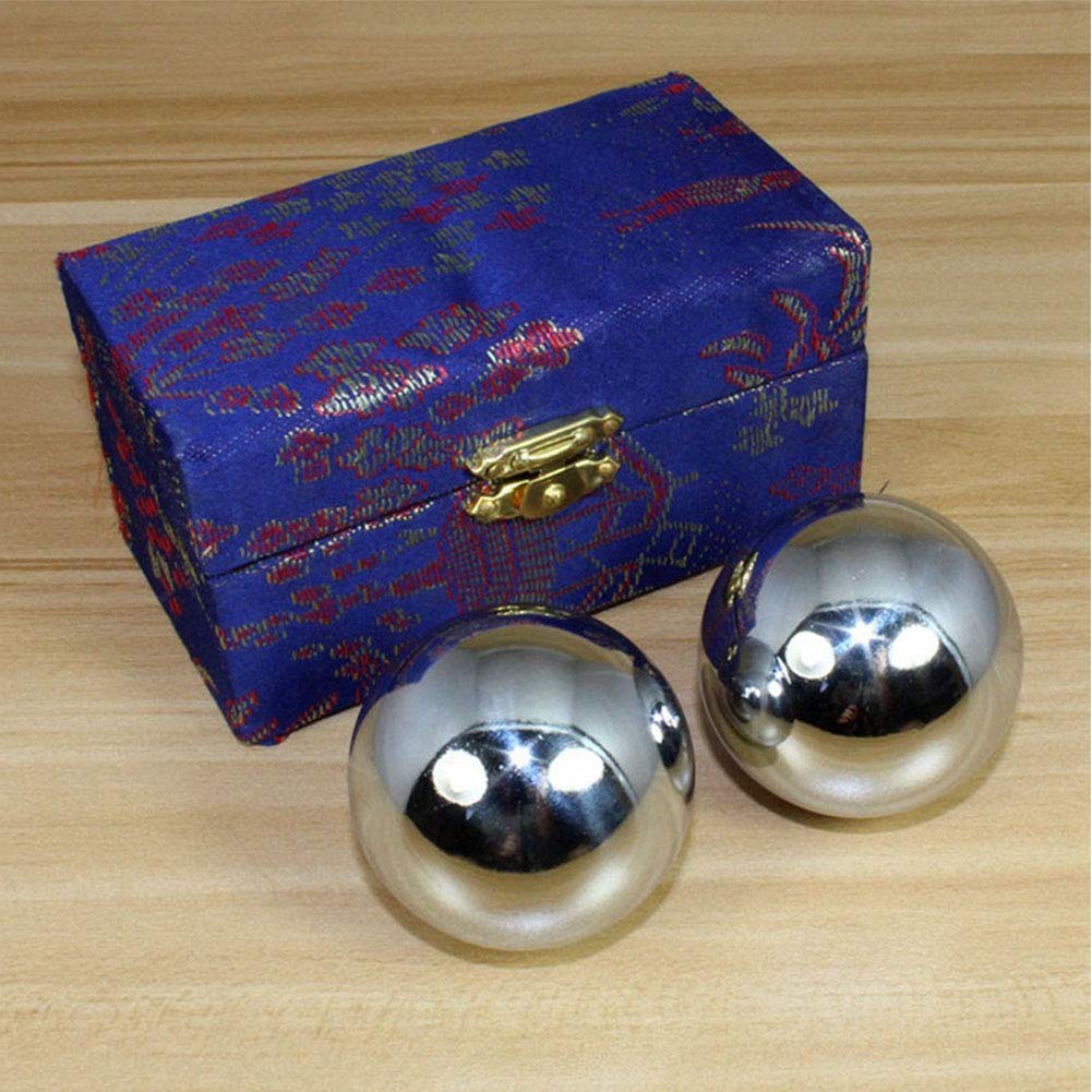 Denpetec 2 bolas de baoding, bolas de estrés chinas para ejercicio de salud con caja de meditación y masaje de mano (plata, diámetro de 1.7 pulgadas, color de caja al azar)