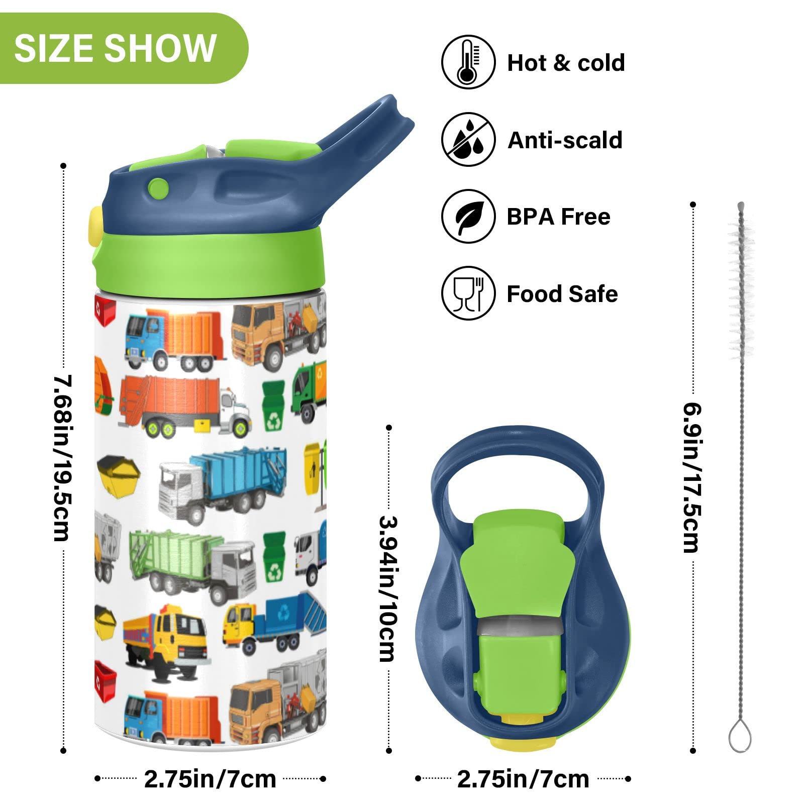 Botella de agua de acero inoxidable para niños, botella de agua aislada al aspiradora de acero inoxidable de 12 onzas para niños y niños, botellas aisladas al aspiradora de doble pared (camiones de