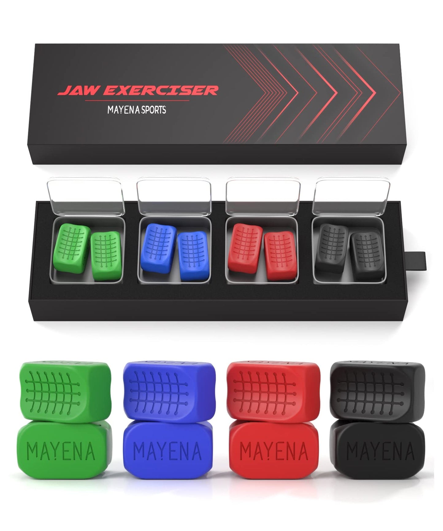 Ejercitador de mandíbula para hombres y mujeres de Mayena Sports - 4 niveles de resistencia (8 piezas) Tabletas de silicona para ejercitar la mandíbula - Potente entrenador de mandíbula y ejercitador facial para usuarios de todos los niveles - Adelgaza y