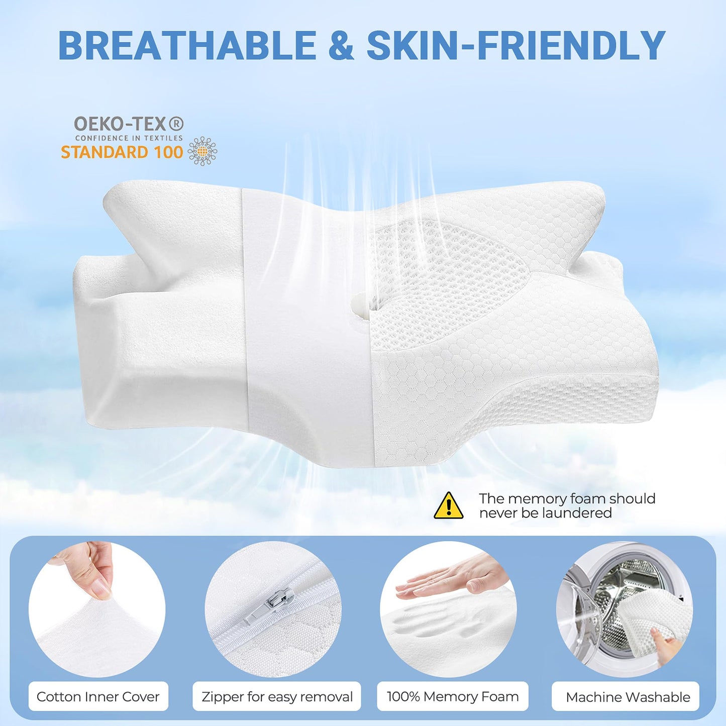 Almohada Cervical Elviros Blanca Espuma Viscoelástica Contorno Ergonómica Ortopédica para Dormir de Lado, Frente y Espalda