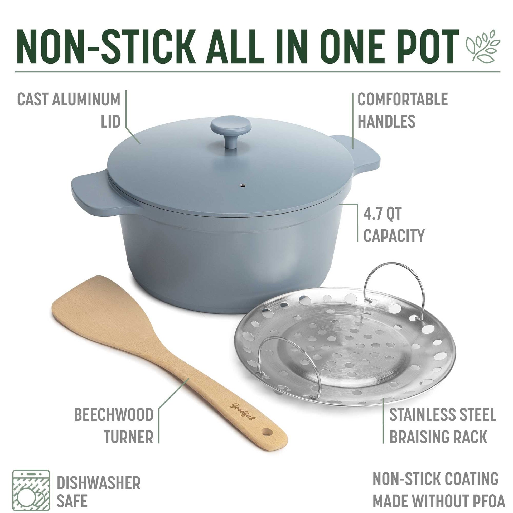 Goodful - Olla todo en uno, antiadherente de revestimiento múltiple, horno holandés fundido de alto rendimiento con tapa a juego, estante para asar y volteador, hecha sin PFOA, utensilios de cocina