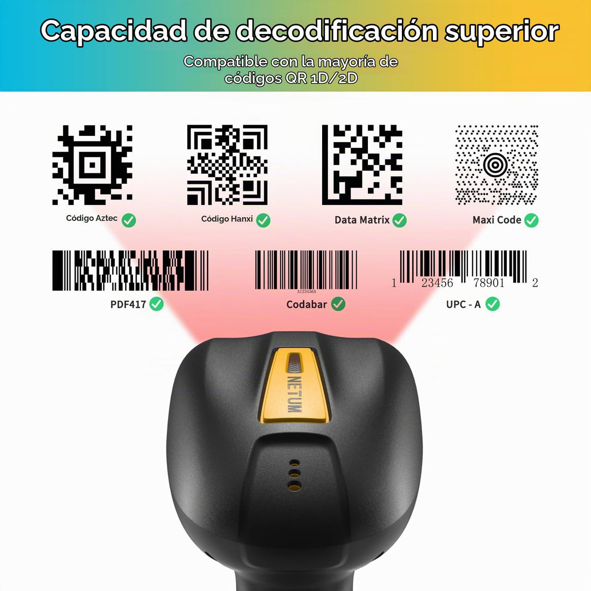 Escáner de Código de Barras NETUM Bluetooth Industrial Negro Mejorado con Protección contra Caídas y Base de Carga Inalámbrica de 2600 mAh 2D 1D manos libres