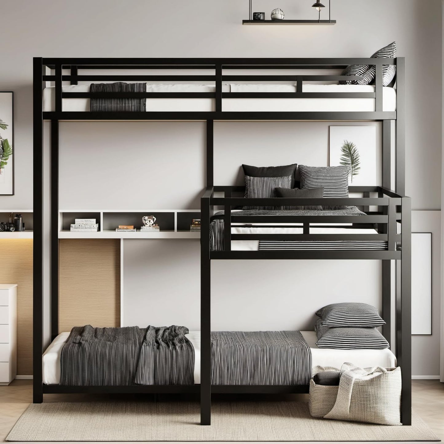 PVWIIK - Litera Triple con Escalera integrada y barandillas de Longitud Completa para 4 niños, litera de Metal en Forma de L, diseño de Ahorro de Espacio, no Necesita somier, Color Negro