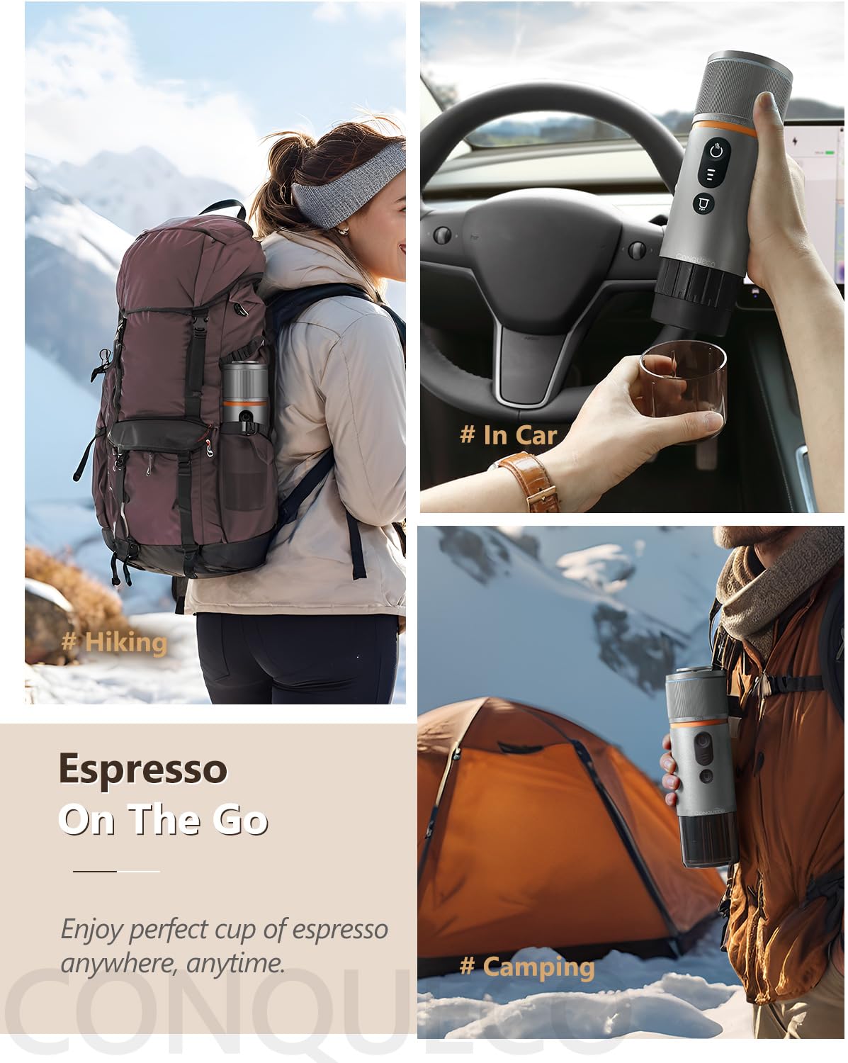 CONQUECO - Máquina de café expreso portátil de 12 V eléctrica pequeña máquina de viaje expresso – autocalentamiento, 8 tazas alimentadas con pilas compatible para cápsula Nespresso, para camping,