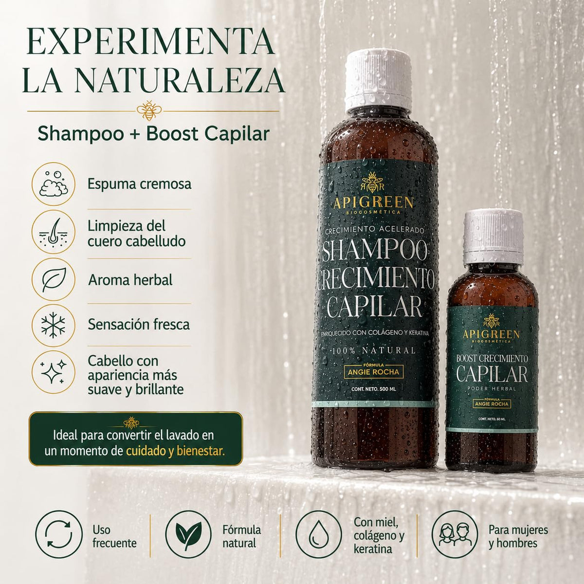 Shampoo Apigreen para Crecimiento Acelerado de Cabello - Fórmula con Boost Capilar para Fortalecer y Nutrir el Cuero Cabelludo - Con Ingredientes Naturales