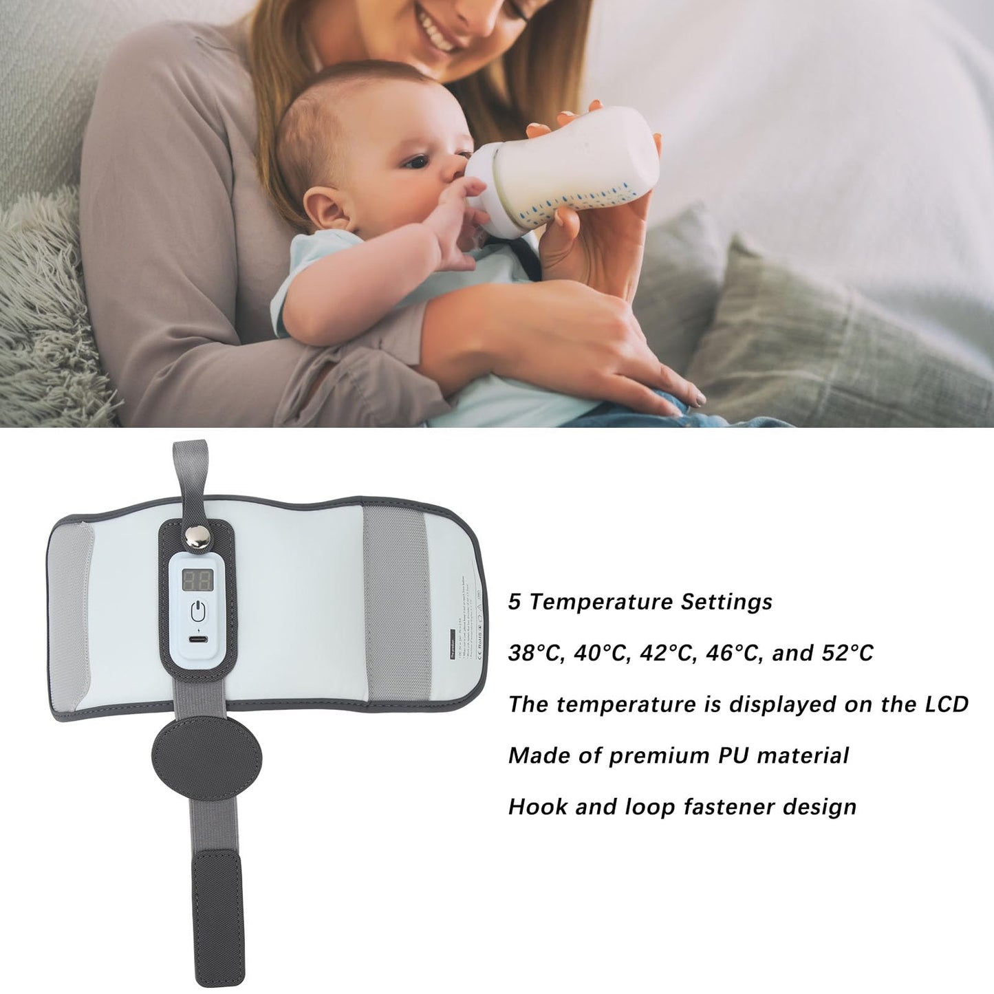 Calentador de Biberón, 5 Ajustes de Temperatura 38 ° C, 40 ° C, 42 ° C, 46 ° C 52 ° C Tipo C USB PU Multi Función Multi -Función Pantalla LCD LCD