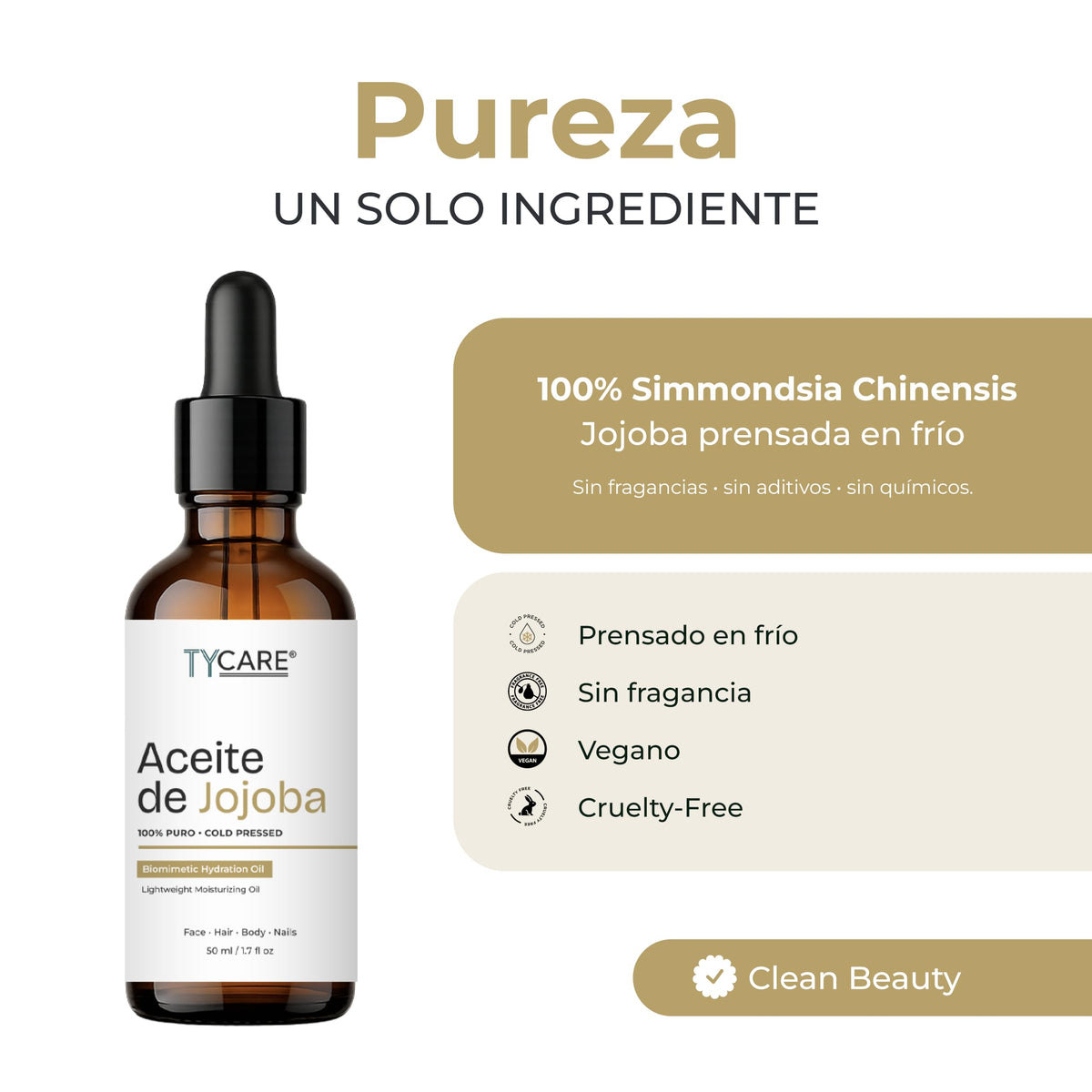 TY CARE Aceite de Jojoba 100% Puro 50 ml – Prensado en Frío, Sin Fragancia | Aceite Facial Ligero para Rostro, Cabello, Cuerpo y Uñas | Para Piel Seca, Mixta o Grasa | Wellness + Science