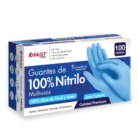 Best Trading 100 Guantes de Nitrilo Color Azul: Libres de Látex, Ajuste Perfecto sin Polvo, Guantes Premium con Tecnología Touchscreen. Comodidad, Seguridad y Funcionalidad en tus Manos (Grande)