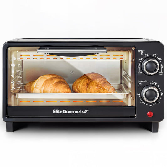 Elite Gourmet ETO490 - Horno tostador para encimera de 9 l/4 rebanadas con temporizador de 30 minutos, control de temperatura ajustable, incluye charola para hornear y estante de alambre, hornear,