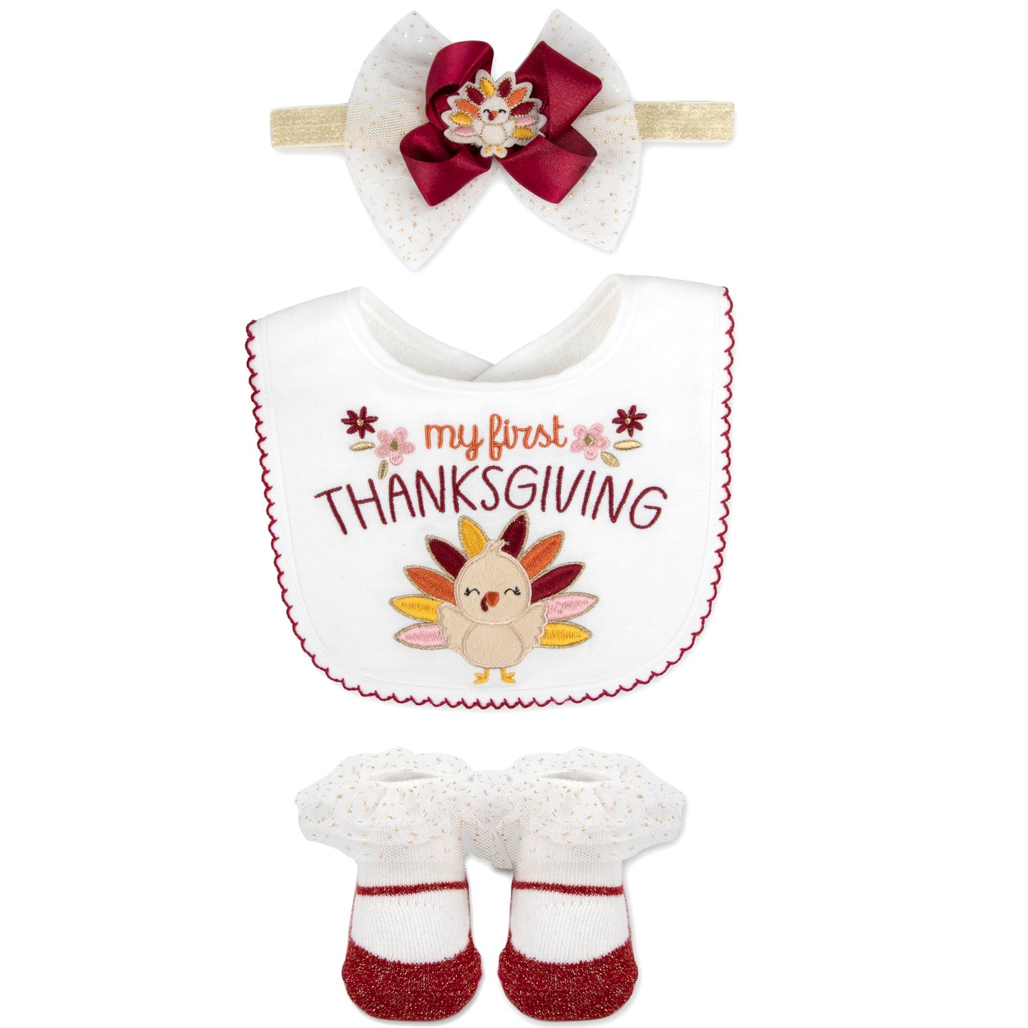 Baby Essentials - Juego de regalo de babero, botines y diadema, accesorio de Acción de Gracias para recién nacidos y bebés (blanco, rojo, mi primer día de Acción de Gracias, 0-12 meses)