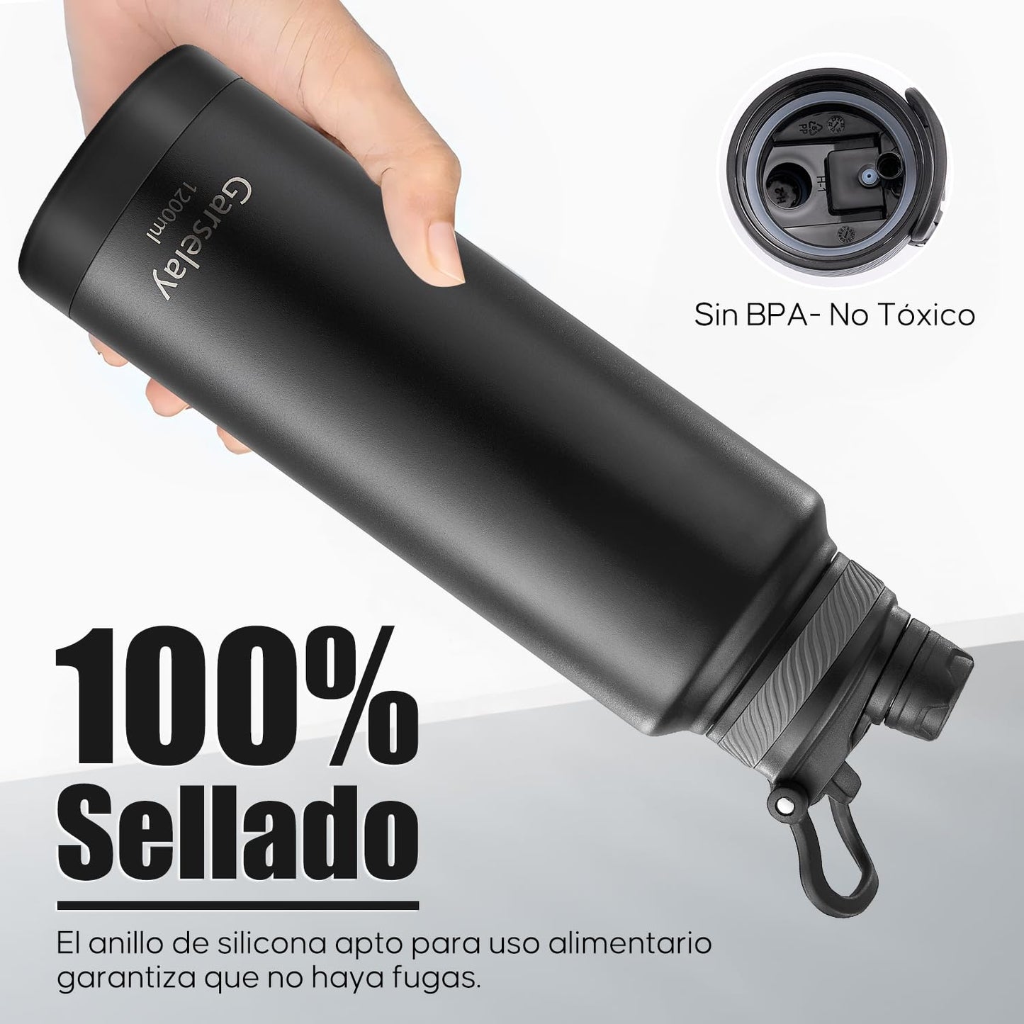 Botella Térmica de Acero Inoxidable 1200ml-Termo para Agua Fría con Tapa de Taza y Asa Portátil, Doble Aislamiento 24 Horas Frío, Sellado Hermético, Diseño Antigoteo para Deportes (Negro,1.2 Litros)