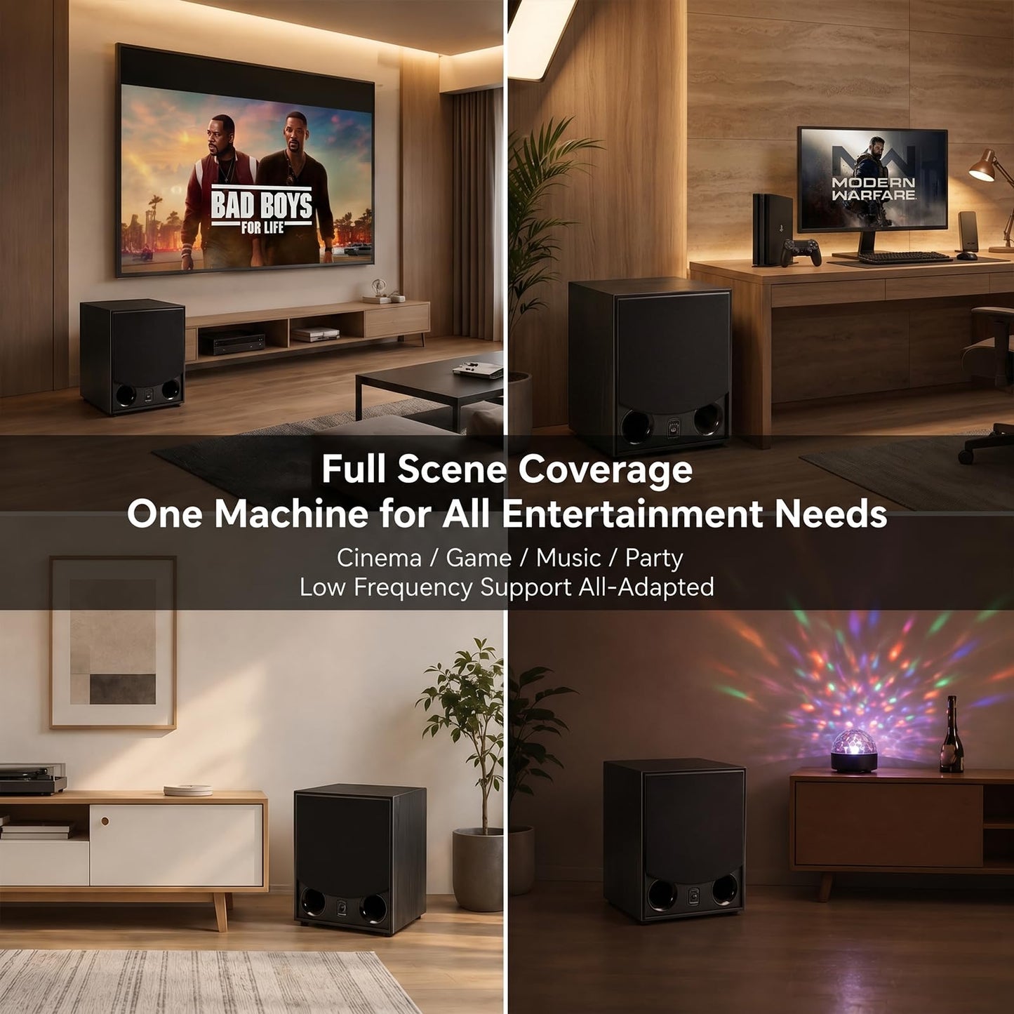 Herdio Subwoofer de 10 pulgadas, subwoofer activo de cine en casa de 800 W con 200 W RMS, graves profundos de 40 Hz, amplificador de clase AB, cruzado ajustable y entradas duales, carcasa MDF para