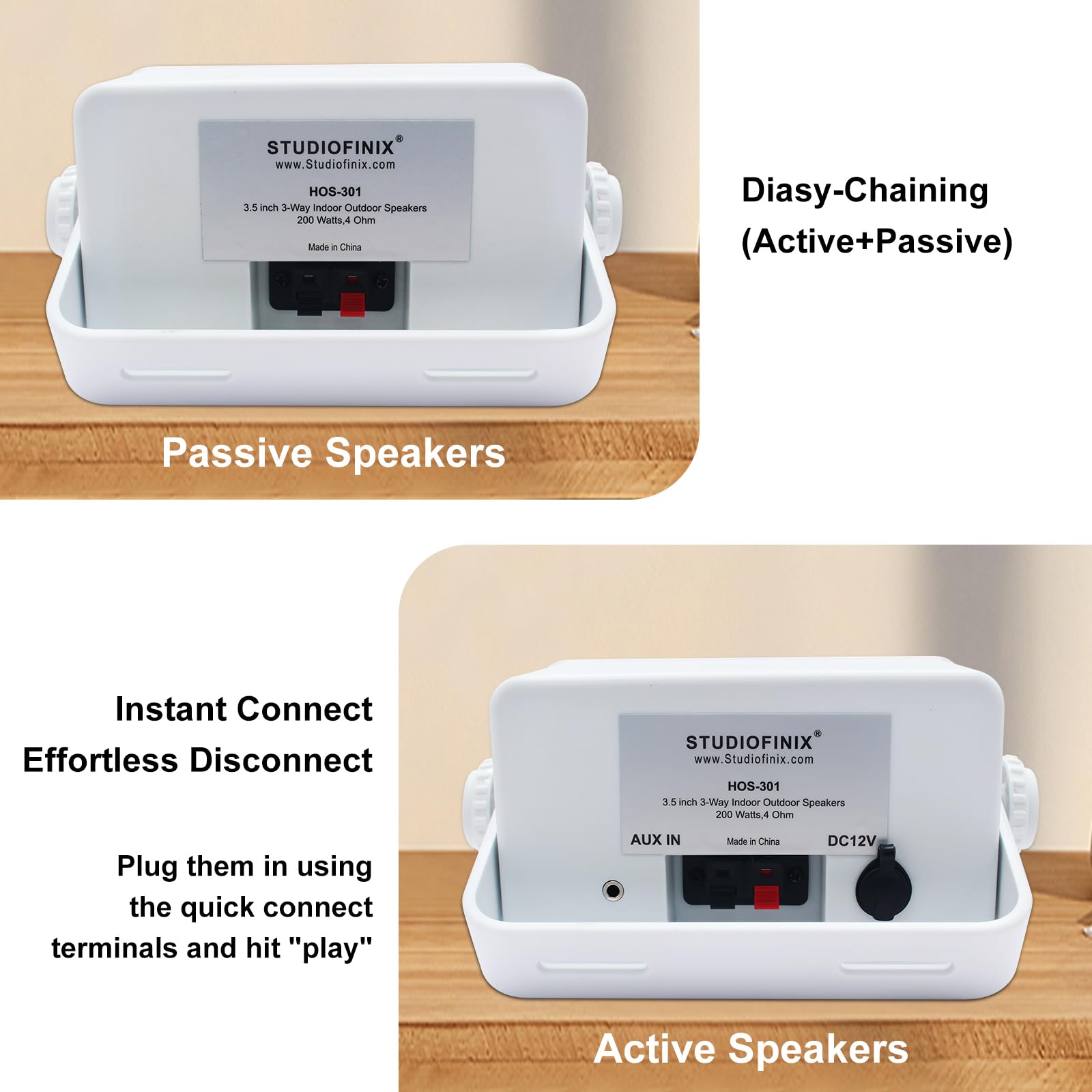 STUDIOFINIX - Altavoces Bluetooth para exteriores de 3.5 pulgadas, impermeables, cableados, 3 vías, 200 W, actualizados, altavoces de montaje en pared, ideal para uso en patio, cubierta, interior y