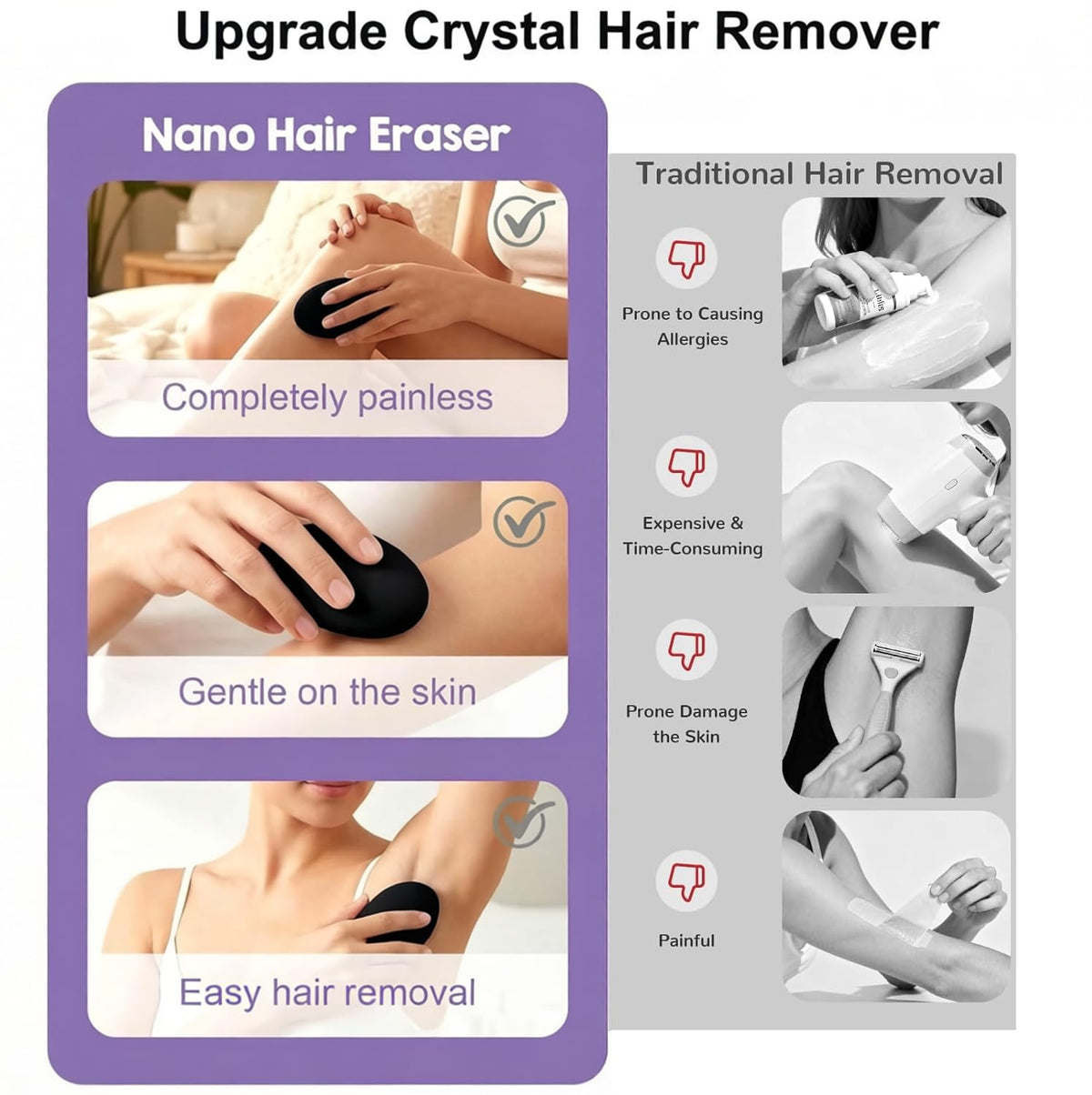 MINOCHI Depiladora de cristal premium, exfoliante indoloro para la depilación, depiladora de nanocristal para mujeres, afeitadora recortadora natural, suave y eficiente.