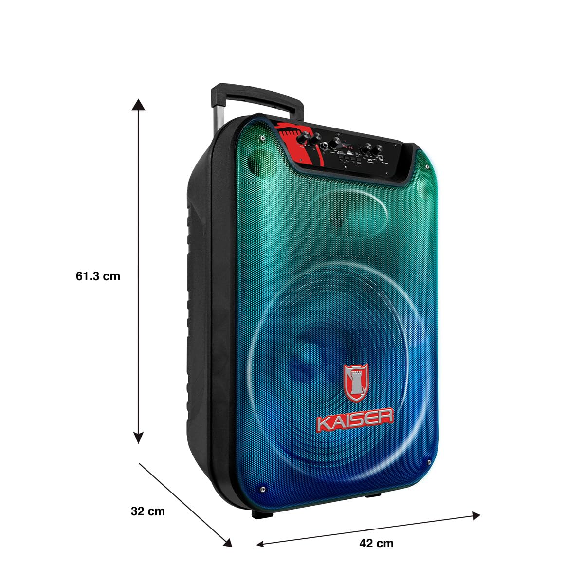Bocina Profesional de 15 Pulgadas con Luz Flama Frontal Recargable, 35W RMS, Bluetooth, FM, USB, Micro SD, Aux, Micrófono Alámbrico y Ruedas para fácil transportación y manija retráctil KSW-3515