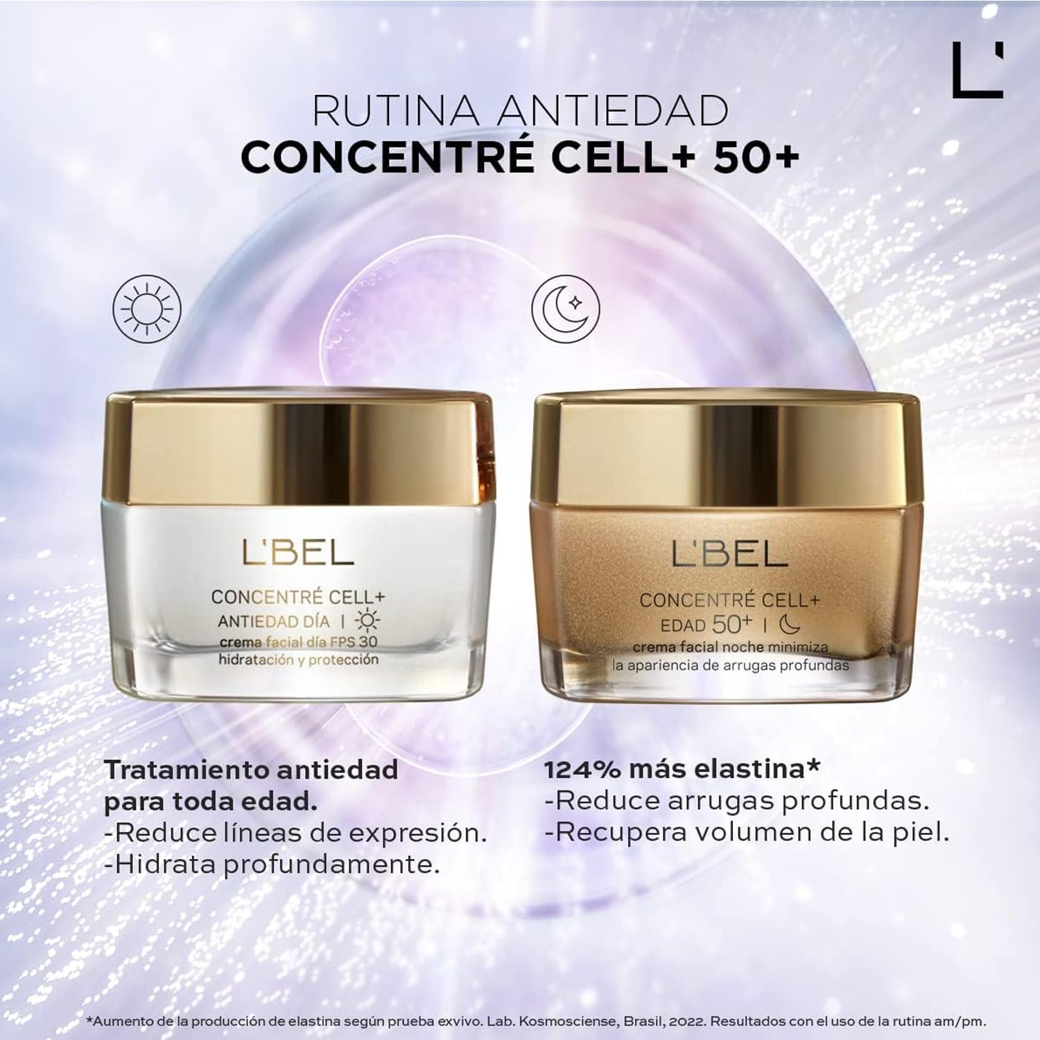 L'BEL - Concentré Cell + Día Crema para Rostro 50 g, Crema Facial Antiedad, Hidrata y Protege la Piel, Protección FPS 30, Reduce Líneas de Expresión y Arrugas, Tecnología de Acción Celular